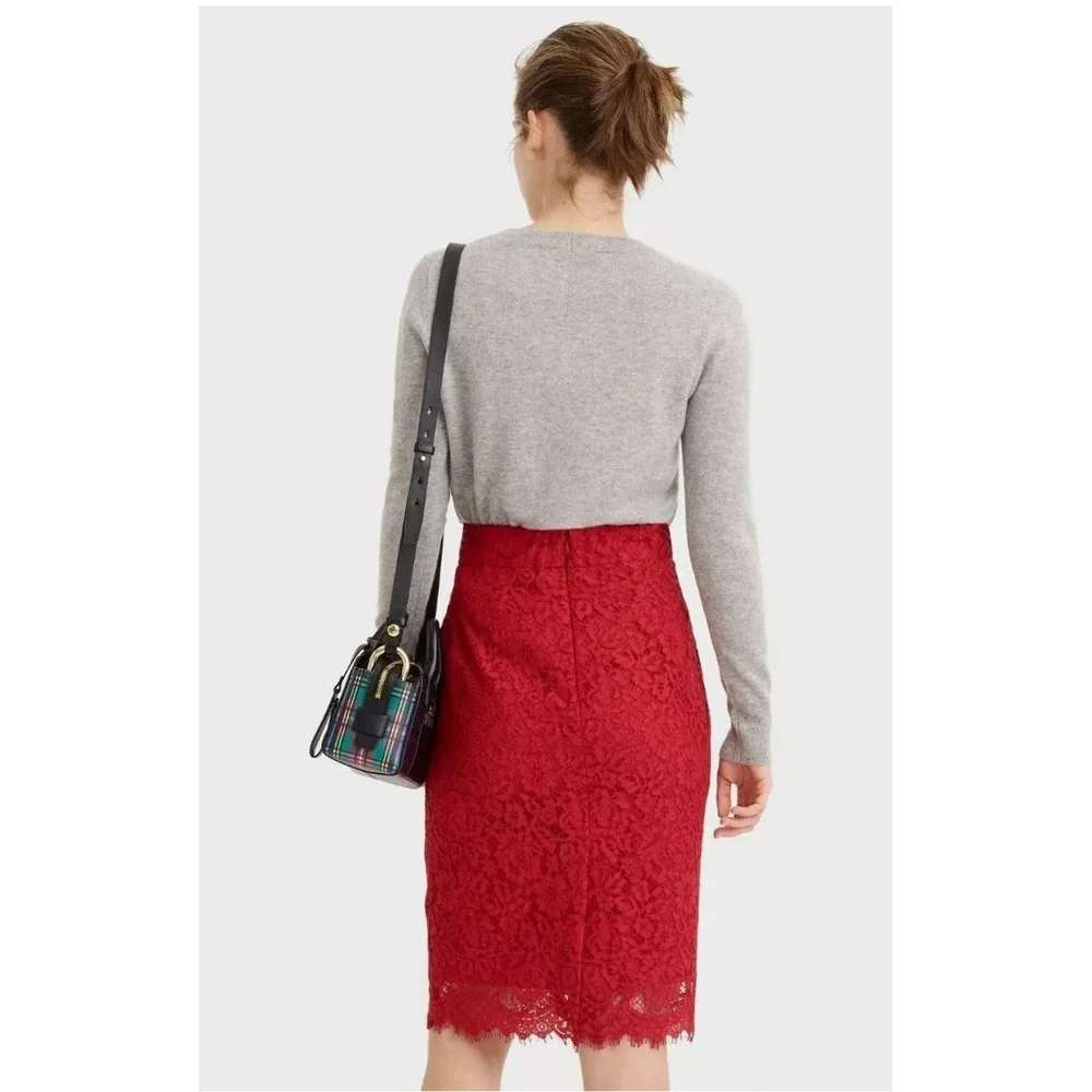 J CREW Pintucked Pencil‎ Skirt Red Lace Feminine Valentines Date Night Sz 14